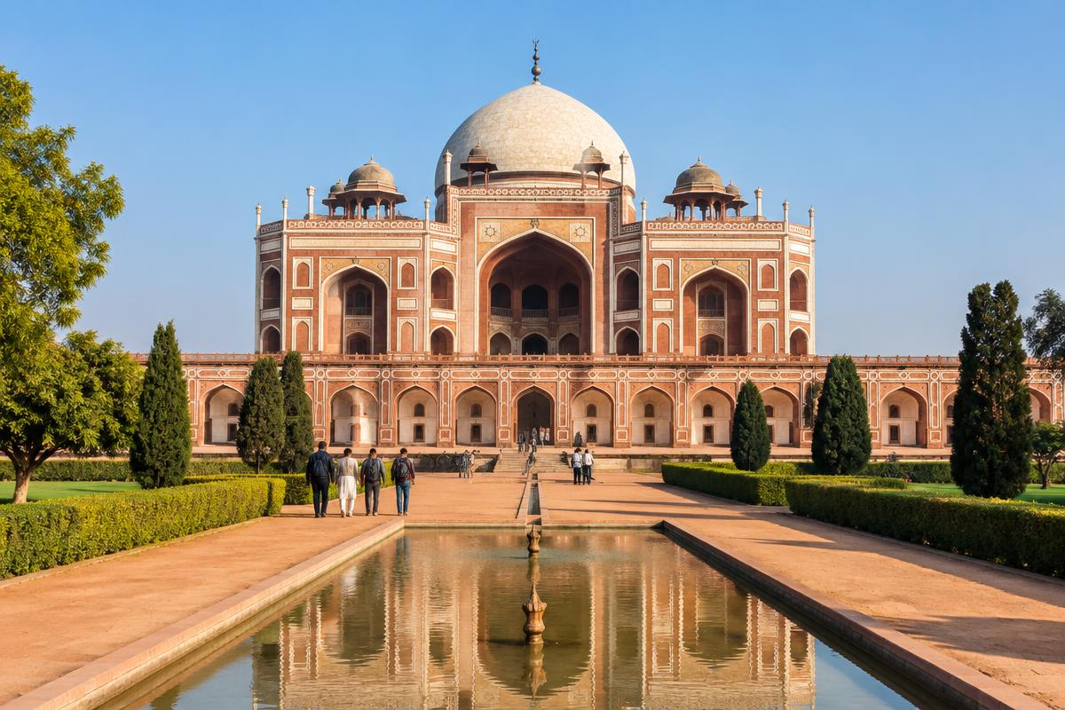 Illustrative view of Humayun's Tomb and its garden in Delhi