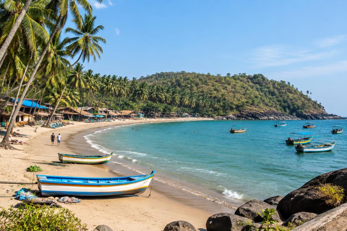 Illustrative view of a palm-lined beach and fishing boats in Goa