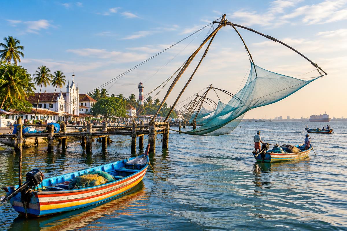 Illustrative view of Chinese fishing nets on the Fort Kochi waterfront