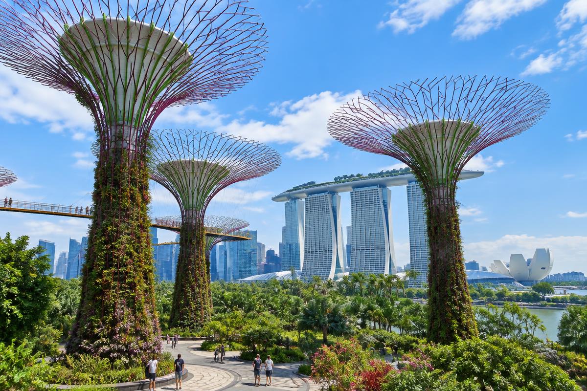 Illustrative view of Gardens by the Bay's Supertrees and Singapore skyline